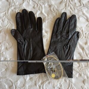 Vintage ARIS Black Leather Gloves Women's Size 7.5 Antron Nylon Lined NOS New
